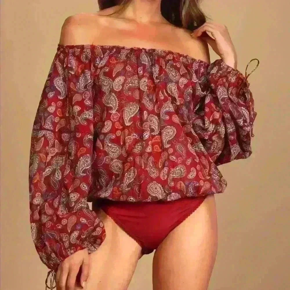 Free People Red Paisley Off-Shoulder Bodysuit